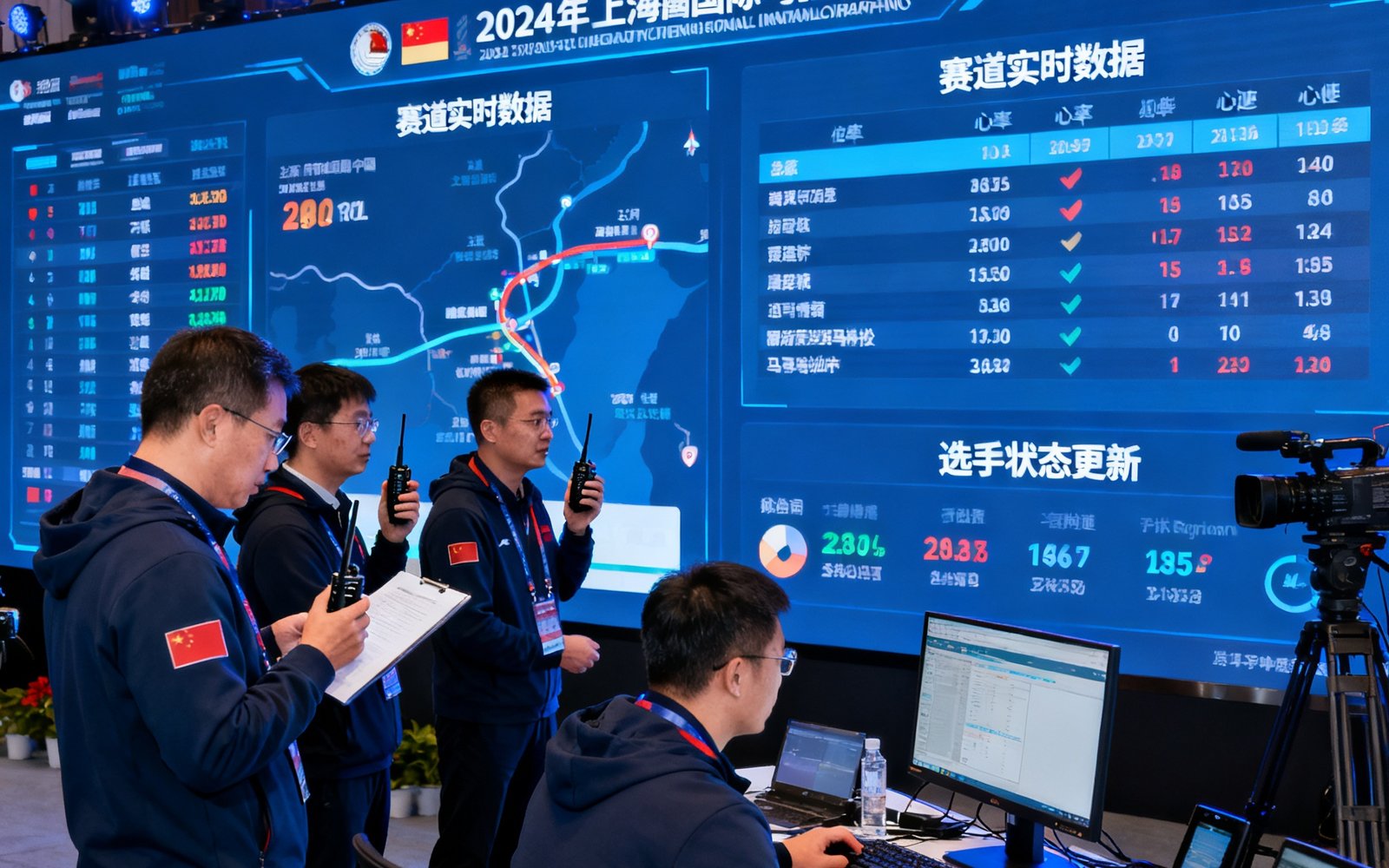 币游国际中国团队在2024年上海国际马拉松赛事指挥中心紧张有序工作的场景，大屏幕上实时显示赛道数据和选手状态，团队成员正在协调赛事各环节