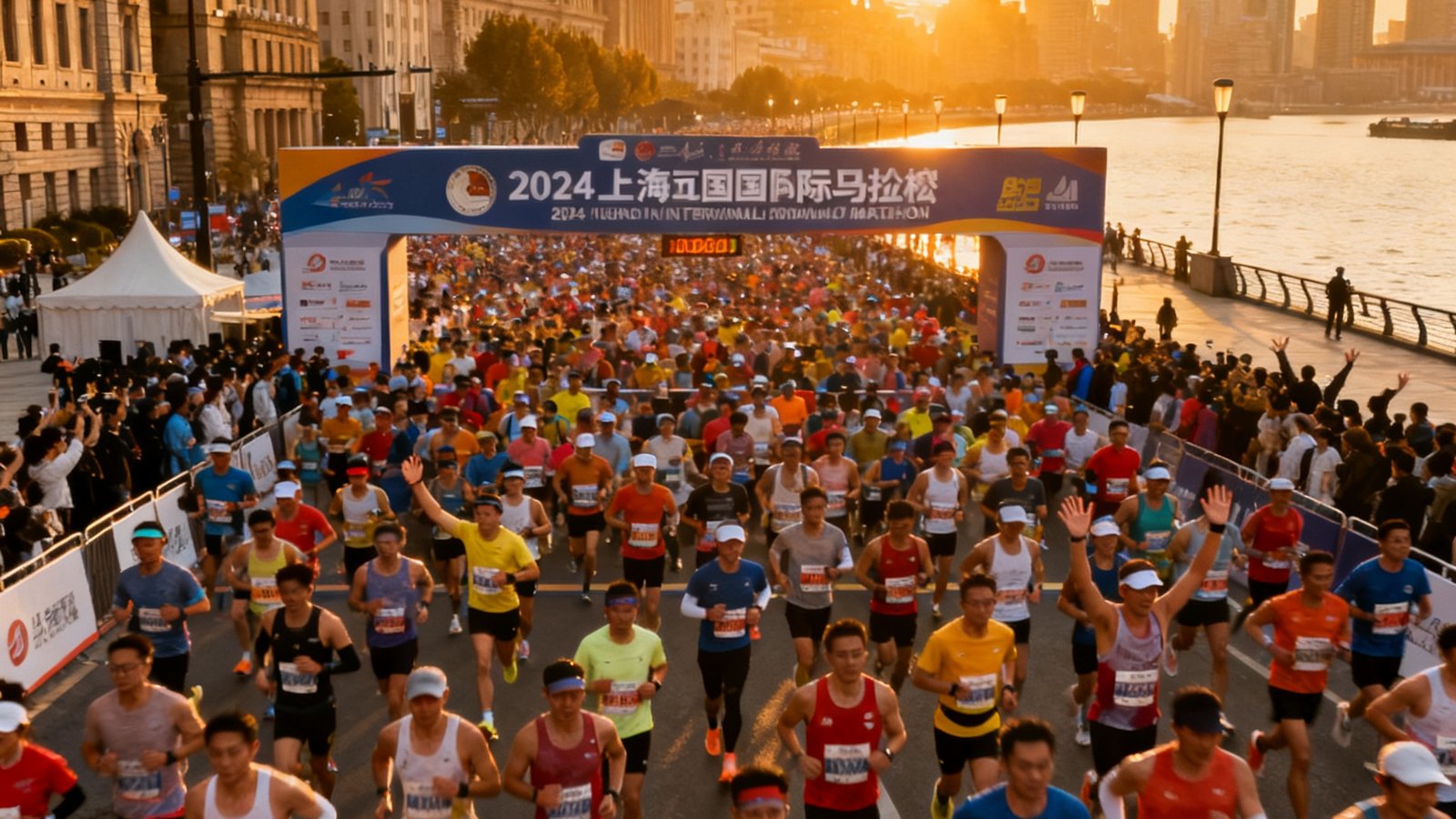 2024年上海国际马拉松赛起跑瞬间，数万名跑者汇聚在外滩起点线前，晨光洒在黄浦江畔，场面壮观
