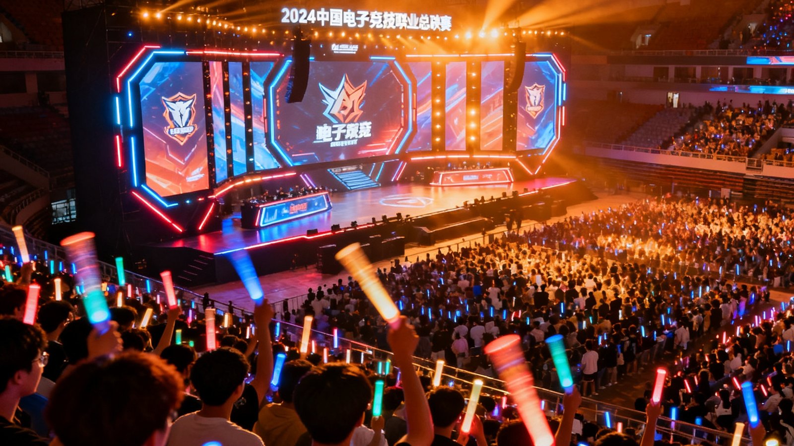 2024年中国电子竞技职业联赛总决赛在大型体育馆举办，巨型LED屏幕环绕舞台，数千名年轻观众挥舞荧光棒
