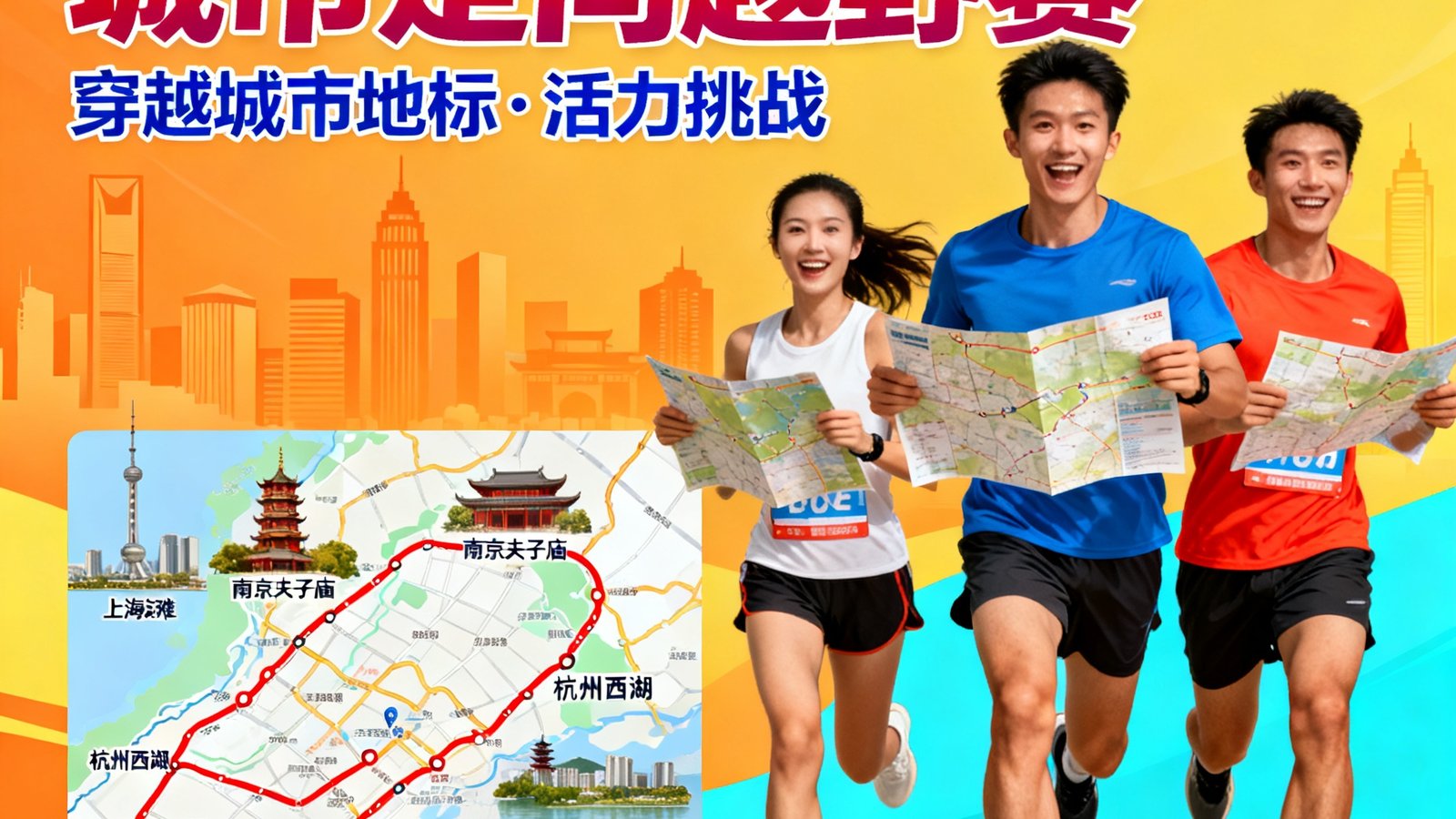 2025年长三角城市定向越野赛宣传海报，展示穿越城市地标的赛道地图和活力四射的参赛者形象